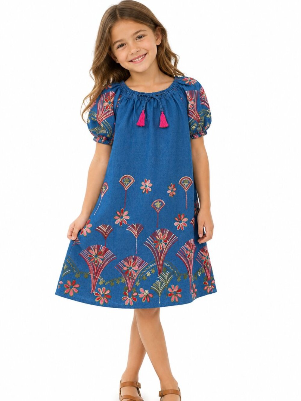 Hayden LA sz 7/8 Little Girls Chambray Boho Dress Tassels Embroidered Cotton NWT